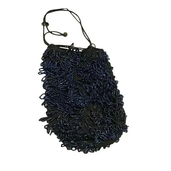 Vintage Handbags - Blue Beaded Fringe Flapper Pouch Purse Antique Vintage Victorian Edwardian TLC